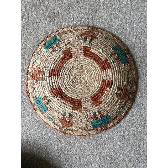 African African Coiled Straw Basket, 14.25 In. Diameter, Natural, Rust and Teal For Sale - Image 3 of 6
