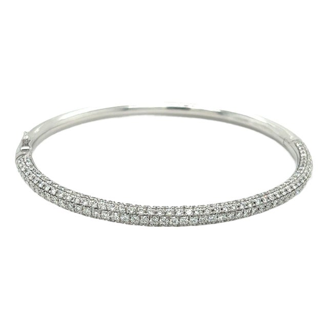 18K White Gold 3.7 Carat Round Cut Micro Pave Natural Diamond Bangle Bracelet For Sale