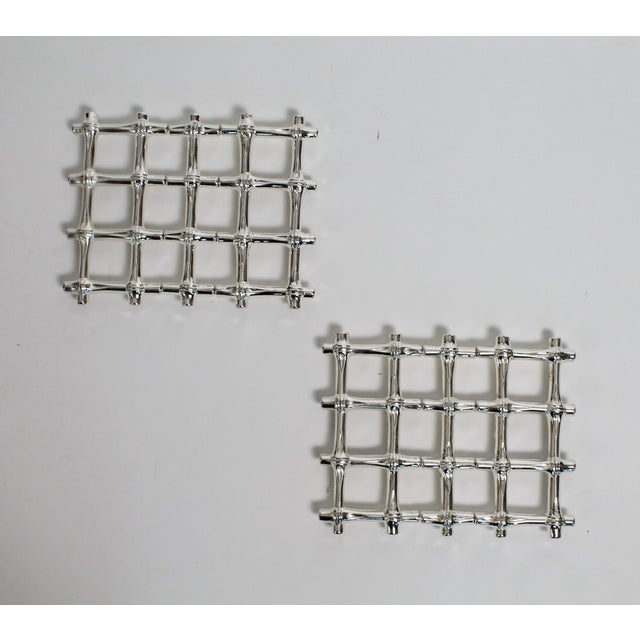 Hollywood Regency Vintage Italian Faux Bamboo Silver Plated Expandable Trivets - A Pair For Sale - Image 3 of 10