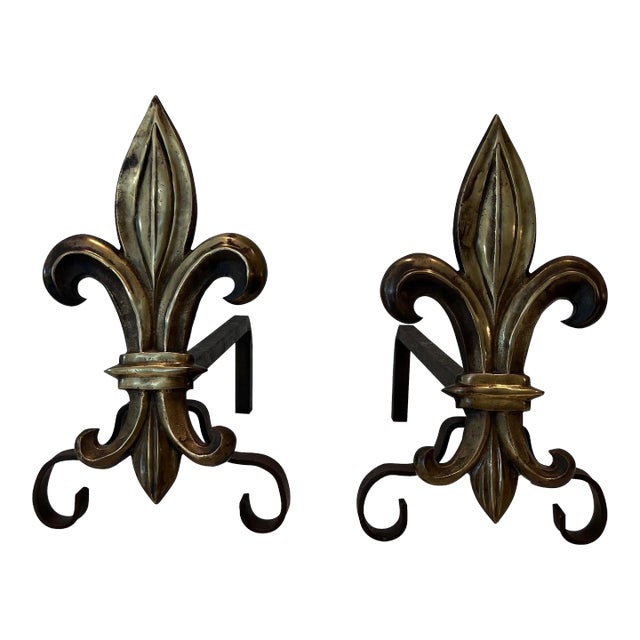 1940s Bronze and Wrought Iron Andirons With a Fleur-de-lys - a Pair For Sale