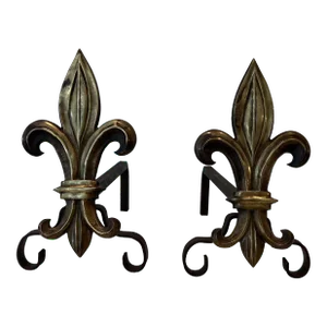 1940s Bronze and Wrought Iron Andirons With a Fleur-de-lys - a Pair