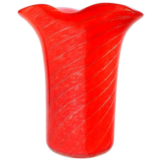 Mid 20th Century Fratelli Toso Murano Italian Art Glass Flared Rim Flower Vintage Vase Red Copper Aventurine Candy Cane For Sale - Image 5 of 5