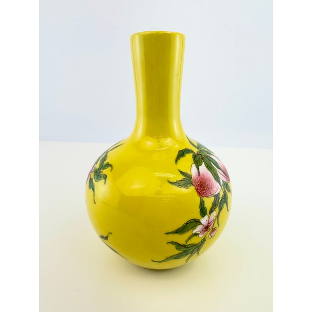 Yellow Vintage Chinese Yellow Famille Rose Monkey & Peach Porcelain Vase For Sale - Image 8 of 12