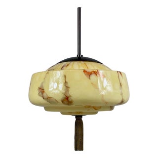 Art Deco Cream Marbled Opaline and Burnished Metal Tassel Pendant Light, 1930 For Sale