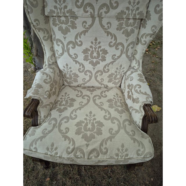 Cream Mid 20th Century Traditional Queen Anne-Style High-Back Upholstered Wingback Armchair For Sale - Image 8 of 17