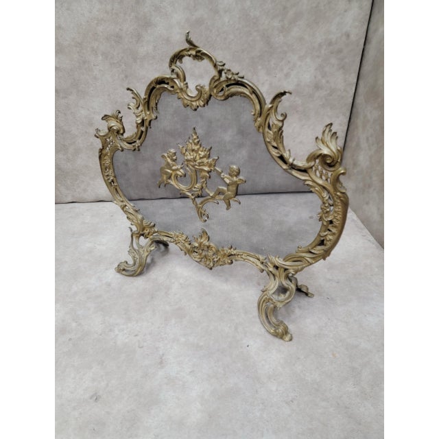 Antique Louis Style French Brass Cherub and Floral Free Standing Fire Screen For Sale - Image 10 of 10