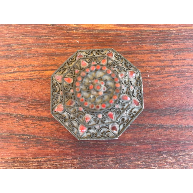 Workaday Handmade 1970s Folk Art Tibet Nepal Silver Brass Filigree Coral Inlaid Hexagon Jewelry Box For Sale - Image 4 of 5