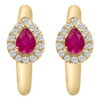 10K Yellow Gold Pear Cut Red Ruby 4x3 mm and 1/10 Cttw Round Diamond Huggy Earrings (I-J Color, I1-I2 Clarity) For Sale