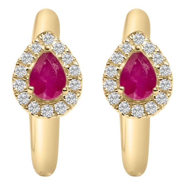 10K Yellow Gold Pear Cut Red Ruby 4x3 mm and 1/10 Cttw Round Diamond Huggy Earrings (I-J Color, I1-I2 Clarity) For Sale