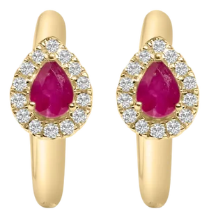 10K Yellow Gold Pear Cut Red Ruby 4x3 mm and 1/10 Cttw Round Diamond Huggy Earrings (I-J Color, I1-I2 Clarity)