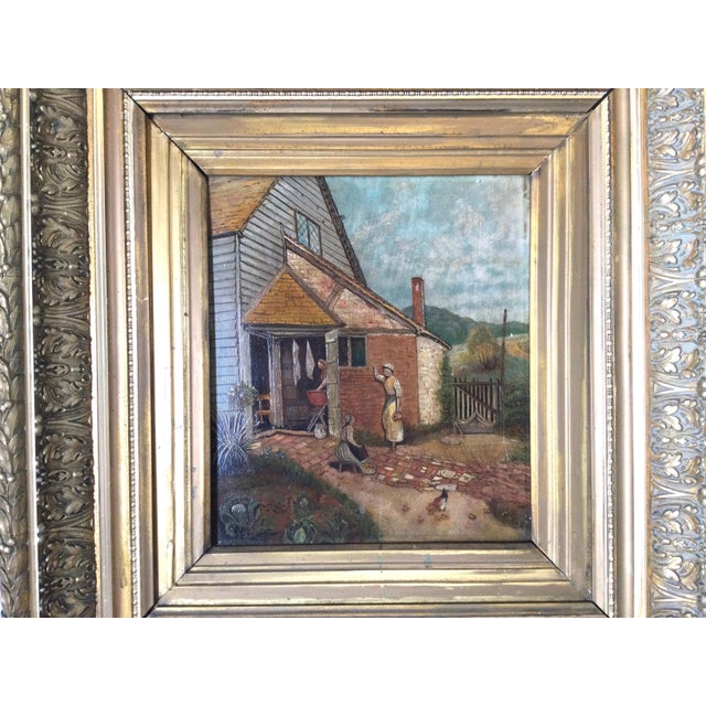 A charming oil painting on board of a farm house with a scene depicting farm life in the back yard. The very detailed...