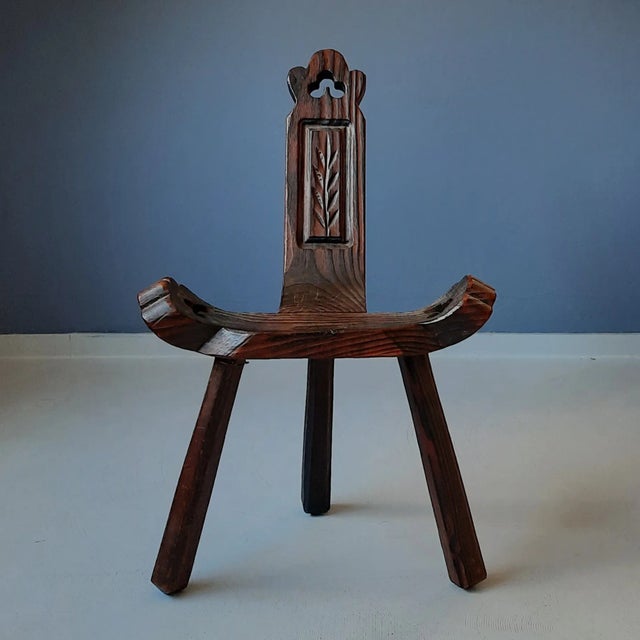 Spanish wooden tripod chair. Revival / brutalist style. This type of chair was brought from Spain as a souvenir in the...