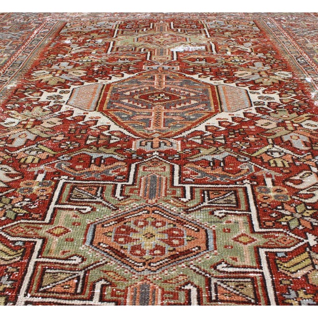 Antique Persian Heriz Rug Featuring Geometric Medallion Design in Rust and Ivory 4'8 X 6'2 For Sale - Image 11 of 13