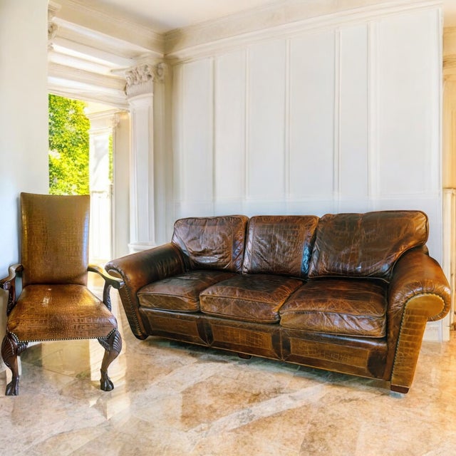 1990s Maitland Smith Alligator Print Leather & Mahogany Chairs For Sale - Image 11 of 12