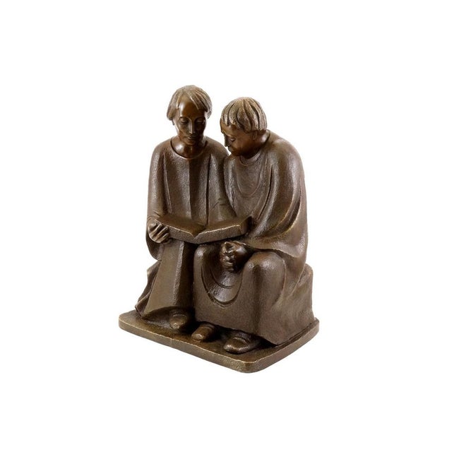 Metal Art Deco 20th Century Reading Monks Sculpture in Bronze For Sale - Image 7 of 10