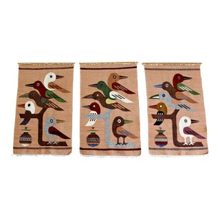 Mid Century Modern Set of 3 Hand Woven Wool Fiber Wall Art 1970s Birds For Sale