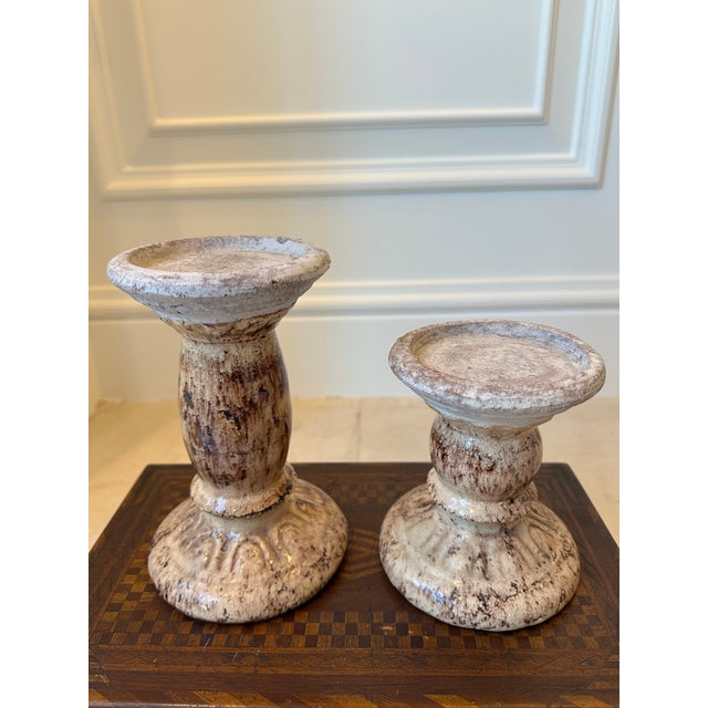 Vintage 7” French Glazed Terracotta Pillar Candleholder For Sale - Image 13 of 14