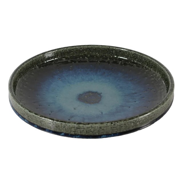 Large Mid-Century Danish Low Bowl in Deep Blue and Moss Green Glazed Stoneware by Per Linnemann-Schmidt for Palshus, 1960s For Sale
