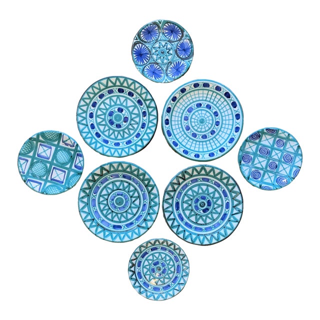 Set of 8 Hand-Painted Plates by Robert Picault — Vallauris, France, c.1950s For Sale