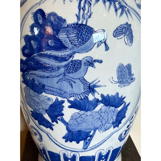Late 20th Century Large 19" Chinese Blue & White Porcelain Peacock Vase & Carved Wood Stand For Sale - Image 4 of 9