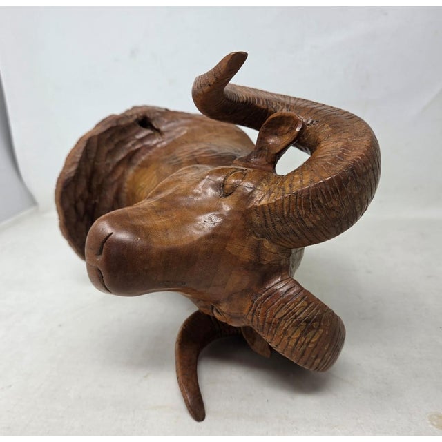 Vintage 1966 Hand Carved Wood Bighorn Sheep Ram's Head 9" Tall Signed Orren Hutter Calif For Sale - Image 13 of 14