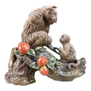 Vintage Shiwan Pottery Monkey & Baby Sculpture With Peaches - 12" Tall For Sale