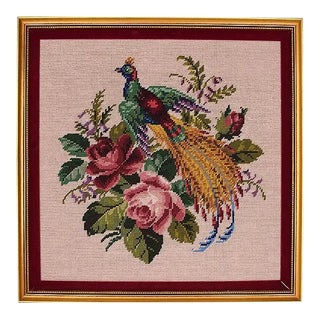 Square Pink and Gold Framed Embroidered Needlepoint Floral and Peacock Wall Hanging For Sale