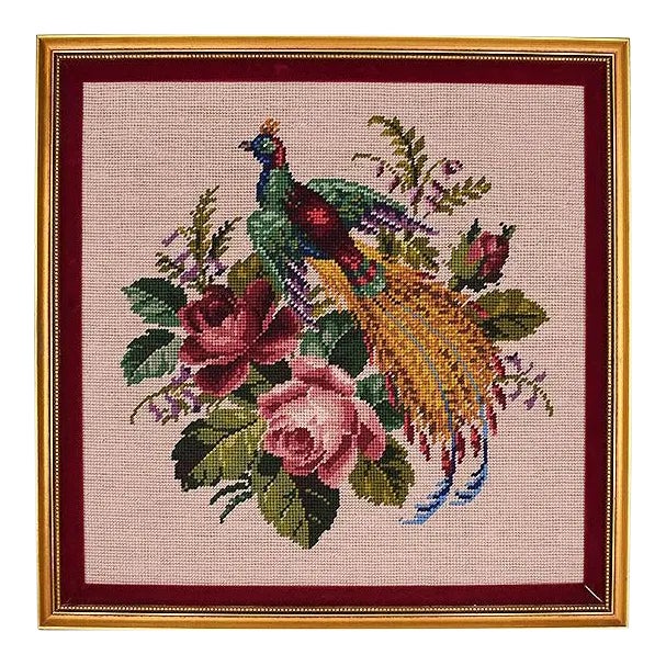 Square Pink and Gold Framed Embroidered Needlepoint Floral and Peacock Wall Hanging For Sale