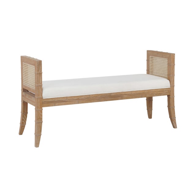 Contemporary Matthew Izzo Home Benedict Cerused Oak Square Edged Bench With Bamboo Detail, Cane Side, and White Linen Upholstery For Sale - Image 3 of 5