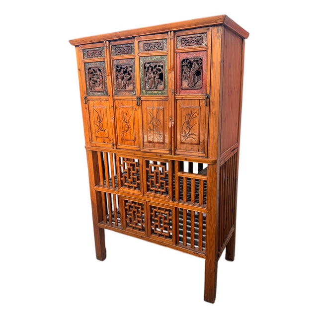 Vintage Chinese Carved Wood Food Cabinet With Figural Panels & Geometric Latticework For Sale