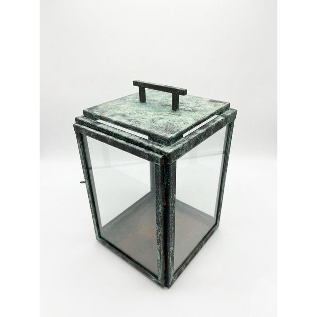 Pair of Vintage Metal With Verdigris Bronze Finish Rectangular Lanterns For Sale - Image 4 of 12