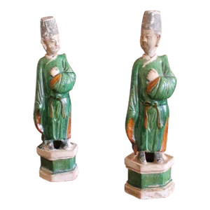 Ming Chinese Attendant Figures, Antique Glazed Terracotta Earthenware- a Pair