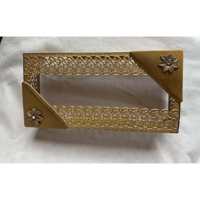 Vintage Gold Tone Filigree Metal Tissue Box Cover For Sale - Image 9 of 11