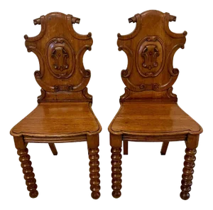 Set of Antique Victorian Carved Oak Hall Chairs