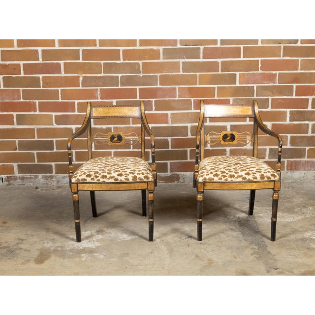 19th Century Pair of English Regency Period Early 19th Century Black and Gold Armchairs For Sale - Image 5 of 12