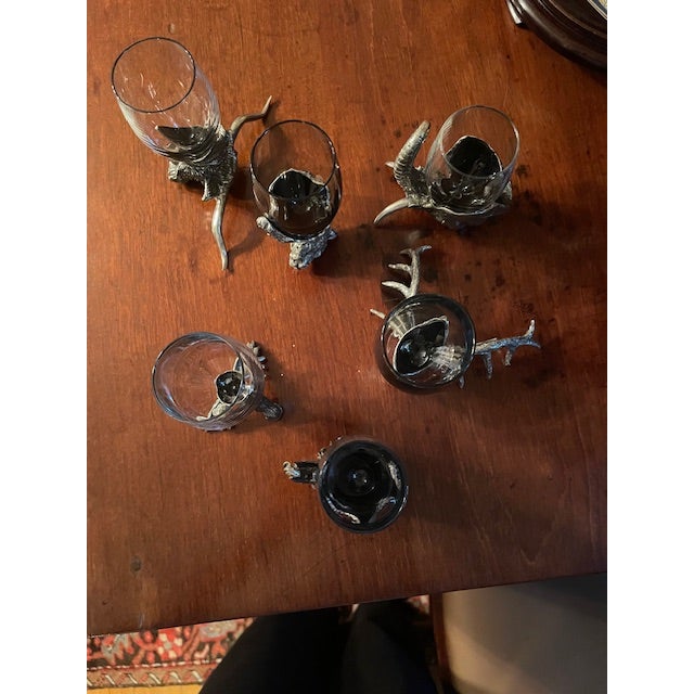 Frankli Wild set of 6 shot glasses with 6 different wildlife pewter bases. Lion, leopard, elk, longhorn, moose and...