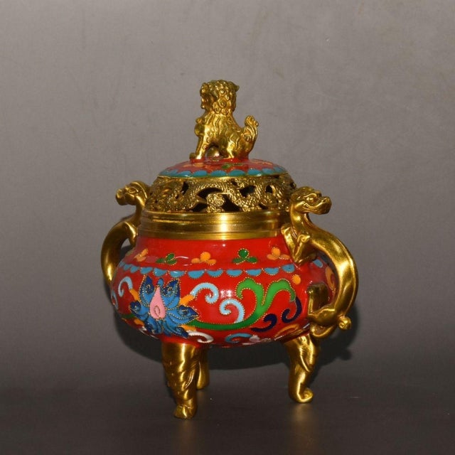 Vintage Chinese Cloisonné Tripod Censer With Dragon Handles and Lion Finial - 652g For Sale - Image 4 of 9