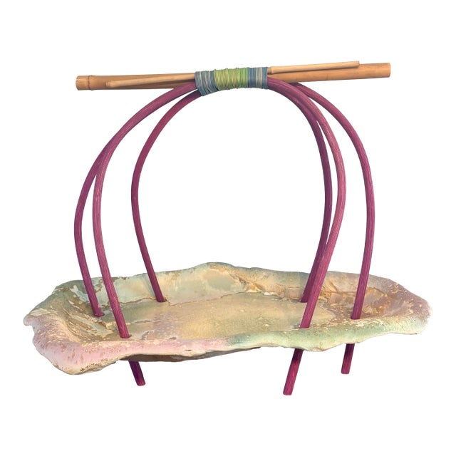 Vintage 1980s Tony Evans Ceramic Basket Sculpture, Signed For Sale