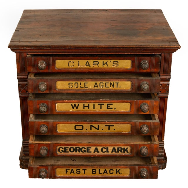 Late 19th Century Antique Eastlake Clark's Walnut Mercantile Store Advertising Thread Cabinet 1880 For Sale - Image 5 of 18