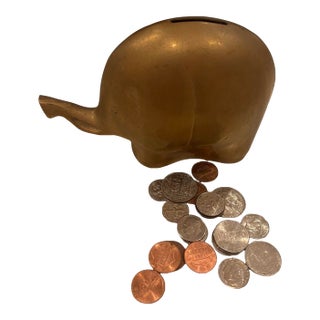 Vintage Brass Elephant Bank Made in Korea Trunk Up W/Brass Stopper 1960’s For Sale