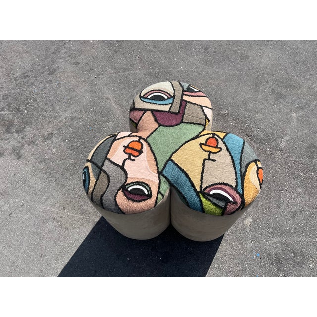 Pair of Designer Poufs, Stools, Ottomans, Patchwork Fabric, Italy, Picasso For Sale In Miami - Image 6 of 15