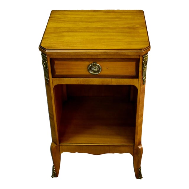 Vintage Satinwood Nightstand French Style Brass Ormolu Inlaid Bedside Table For Sale