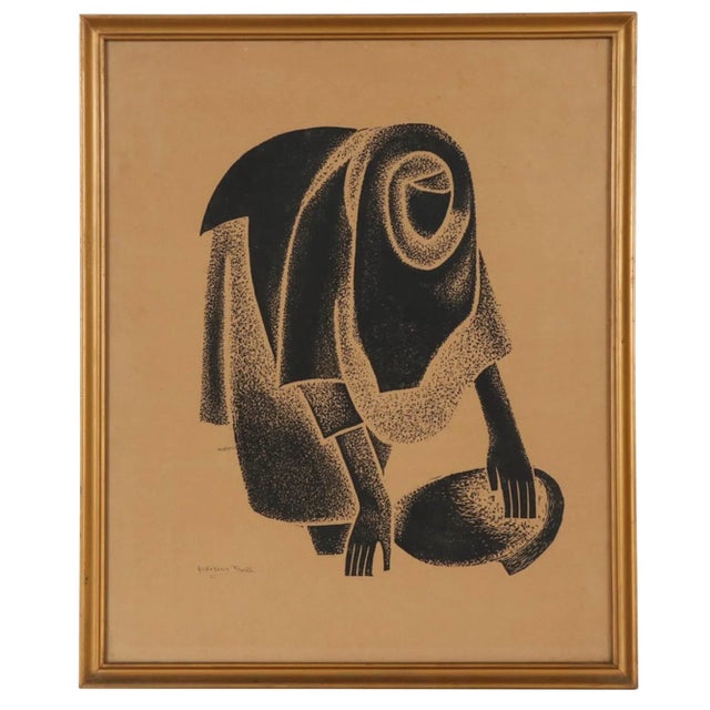 Original Mid 20th C. Framed Elephant Folio El Hussein Fawzi Ltd. Edition Abstract Figural Lithograph - "Filling Jar on the Nile" For Sale - Image 9 of 9