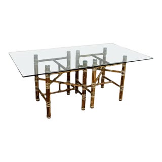 Late 20th Century Campaign Style Double Pedestal Dining Table by McGuire Bamboo Bases & Glass Top For Sale