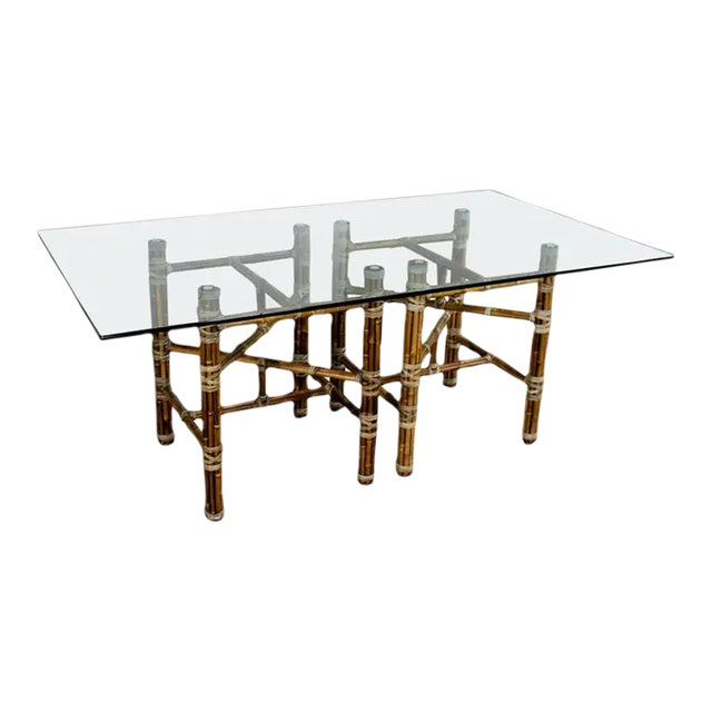 Late 20th Century Campaign Style Double Pedestal Dining Table by McGuire Bamboo Bases & Glass Top For Sale