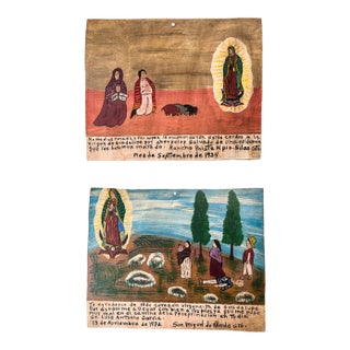 1970s Vintage Mexican ExVoto Painting on Tin, Retablo Folk Art-Hand Painted, Framed- Set of 2 For Sale