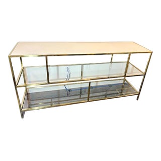 Brass and Glass Console Table With a Leather Top For Sale