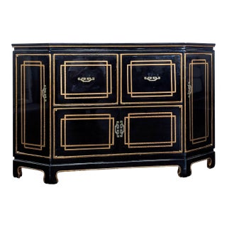 Black Lacquer Chinoiserie Hollywood Regency Credenza With Gold Detailing For Sale