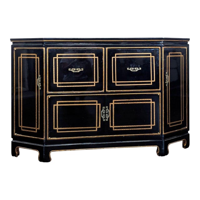 Black Lacquer Chinoiserie Hollywood Regency Credenza With Gold Detailing For Sale