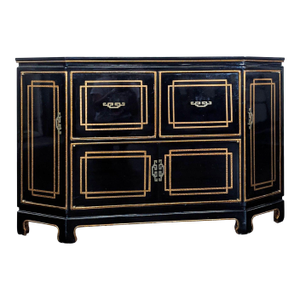 Black Lacquer Chinoiserie Hollywood Regency Credenza With Gold Detailing